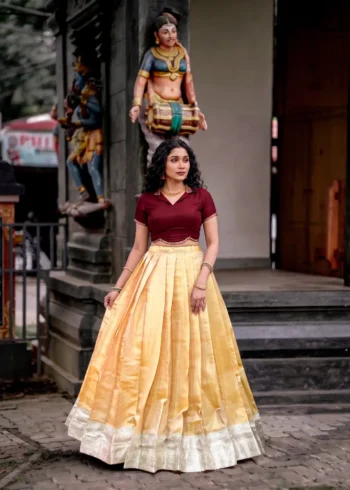 Cream Kanchipuram Half Saree Lehenga with Rich Zari Weaving front look