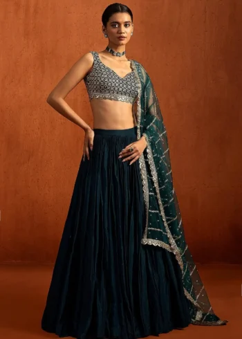 Dark Blue Zari Sequin Embroidered Bridesmaid Lehenga Set front look