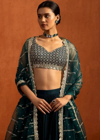 Dark Blue Zari Sequin Embroidered Bridesmaid Lehenga Set close look