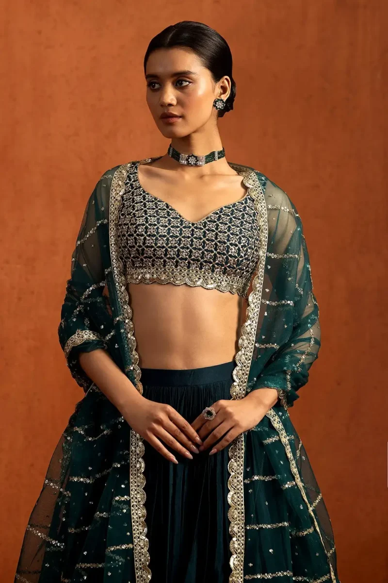 Dark Blue Zari Sequin Embroidered Bridesmaid Lehenga Set close look