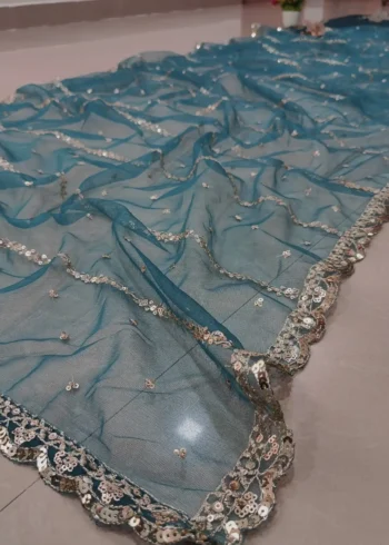 Dark Blue Zari Sequin Embroidered Bridesmaid Lehenga Set dupatta work