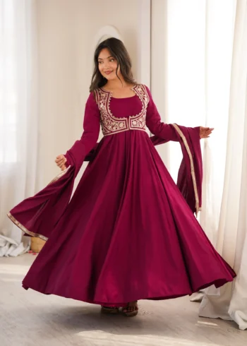 Dark Rani Pink Roman Silk Chanderi Anarkali Suit with Jacket front look