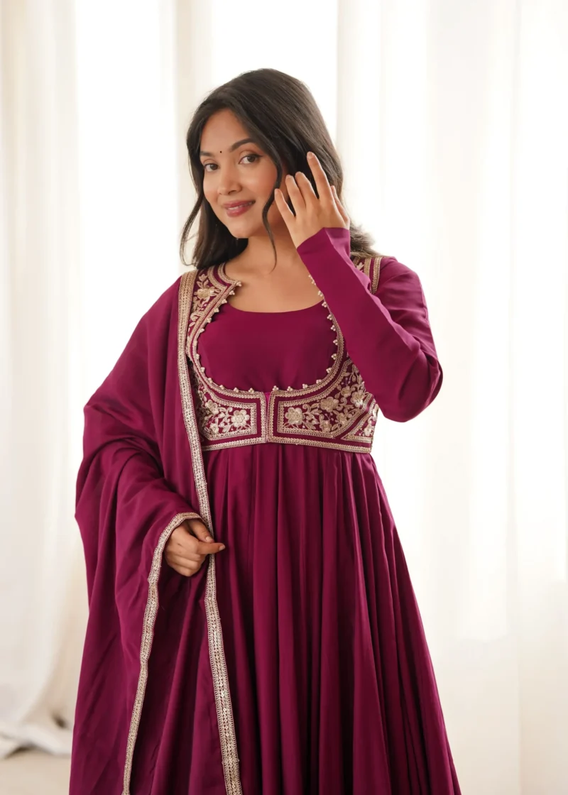 Dark Rani Pink Roman Silk Chanderi Anarkali Suit with Jacket close look