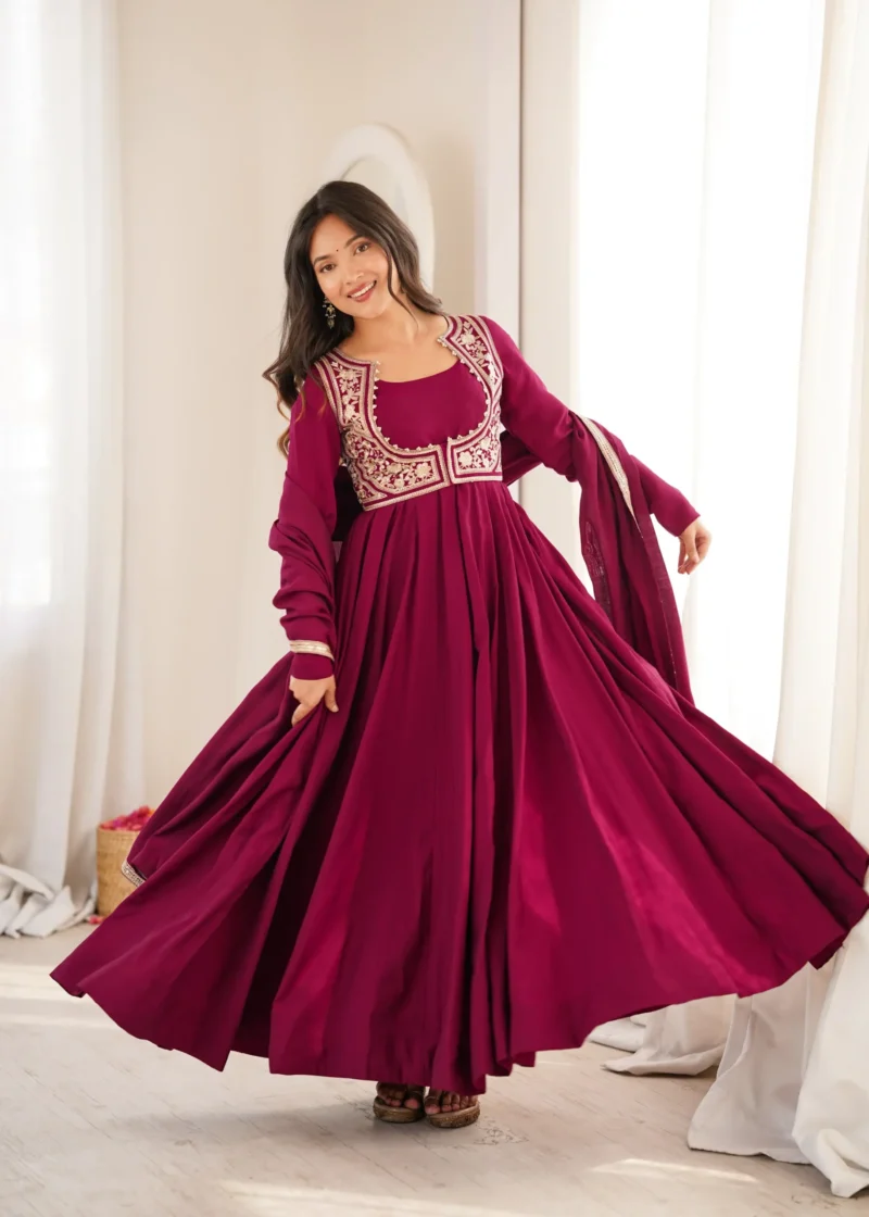 Dark Rani Pink Roman Silk Chanderi Anarkali Suit with Jacket full flair