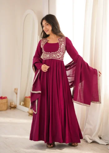 Dark Rani Pink Roman Silk Chanderi Anarkali Suit with Jacket