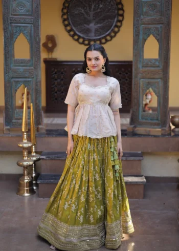 Parrot Green Colour Designer Dyeable Viscose Jacquard Lehenga Choli with Sequins Embroidery front look