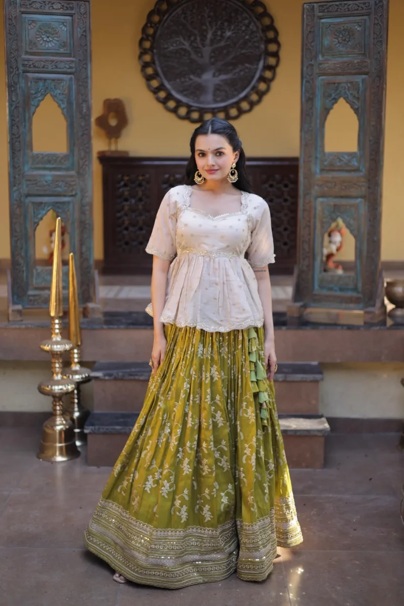 Parrot Green Colour Designer Dyeable Viscose Jacquard Lehenga Choli with Sequins Embroidery front look