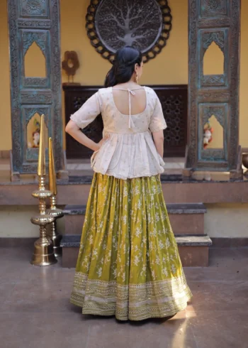 Parrot Green Colour Designer Dyeable Viscose Jacquard Lehenga Choli with Sequins Embroidery back design