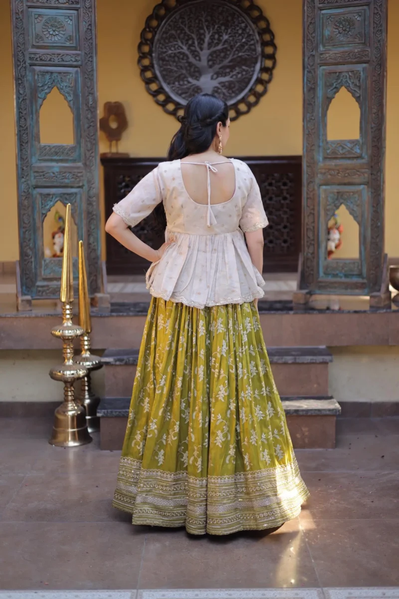 Parrot Green Colour Designer Dyeable Viscose Jacquard Lehenga Choli with Sequins Embroidery back design