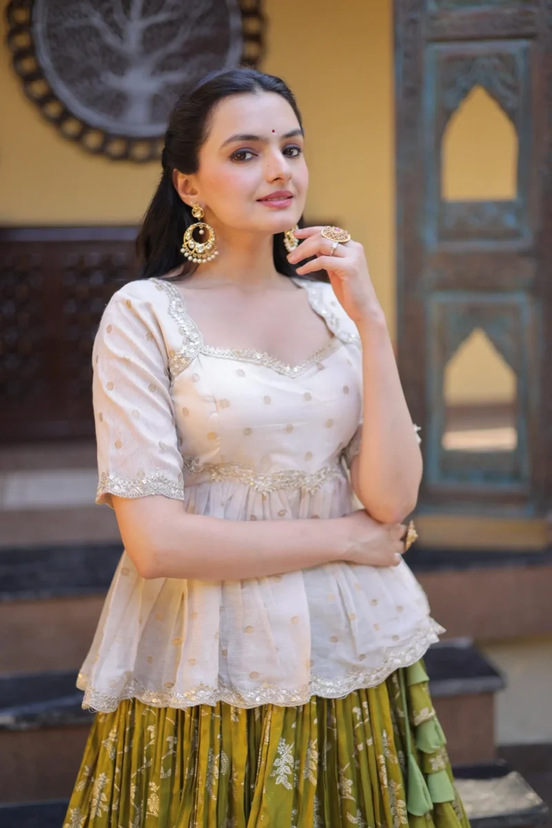 Parrot Green Colour Designer Dyeable Viscose Jacquard Lehenga Choli with Sequins Embroidery close look
