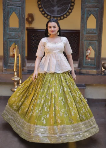 Parrot Green Colour Designer Dyeable Viscose Jacquard Lehenga Choli with Sequins Embroidery full gher flair