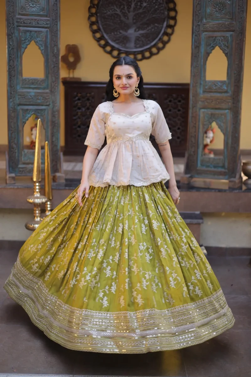 Parrot Green Colour Designer Dyeable Viscose Jacquard Lehenga Choli with Sequins Embroidery full gher flair