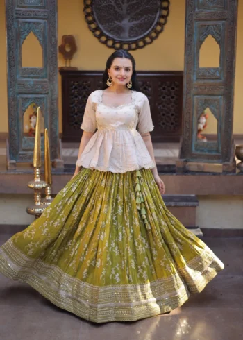 Parrot Green Colour Designer Dyeable Viscose Jacquard Lehenga Choli with Sequins Embroidery flair