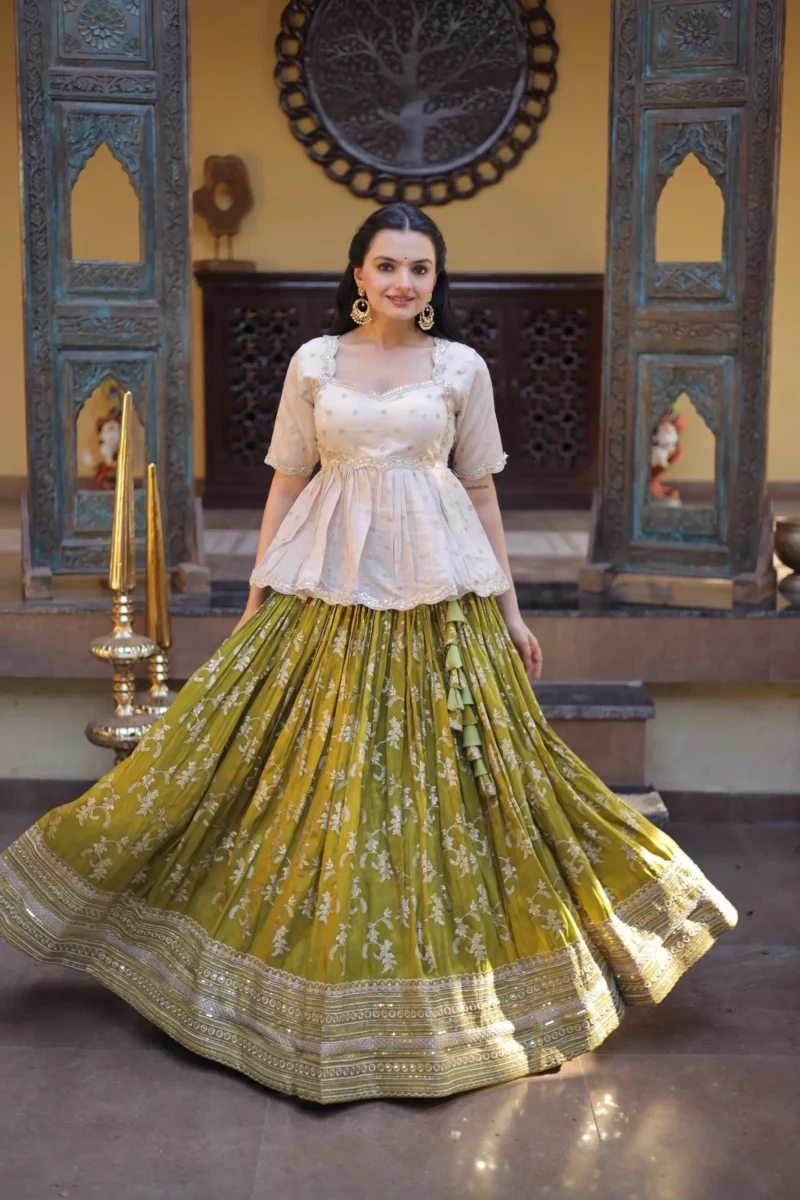 Parrot Green Colour Designer Dyeable Viscose Jacquard Lehenga Choli with Sequins Embroidery flair