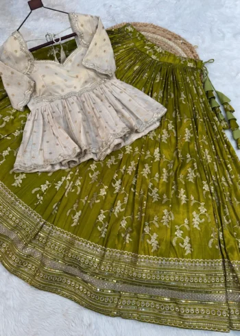 Parrot Green Colour Designer Dyeable Viscose Jacquard Lehenga Choli with Sequins Embroidery live