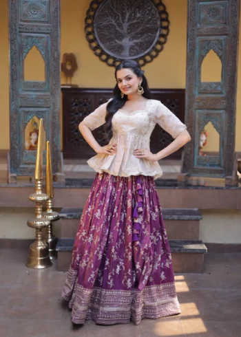 Buy Lehenga Designs For Girls 40 Wine Colour Designer Dyeable Viscose Jacquard Lehenga Choli with Sequins Embroidery front look