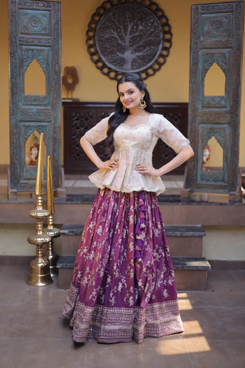Wine Colour Designer Dyeable Viscose Jacquard Lehenga Choli with Sequins Embroidery front look