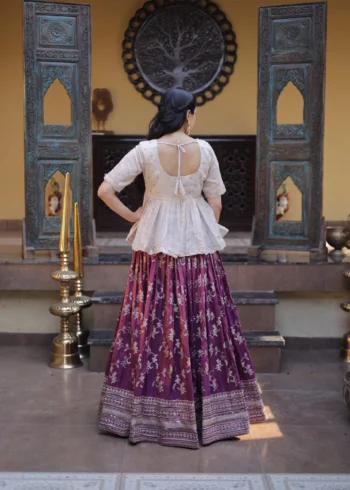 Wine Colour Designer Dyeable Viscose Jacquard Lehenga Choli with Sequins Embroidery back side design