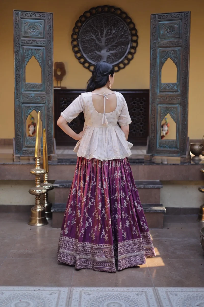 Wine Colour Designer Dyeable Viscose Jacquard Lehenga Choli with Sequins Embroidery back side design