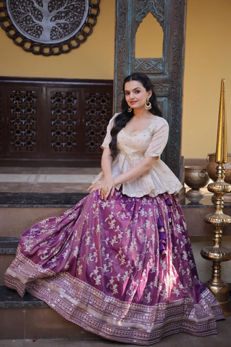 Wine Colour Designer Dyeable Viscose Jacquard Lehenga Choli with Sequins Embroidery sitting