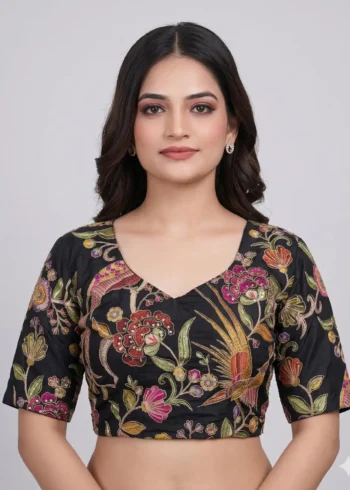 Black Designer Embroidered Pure Viscose Half Sleeve Blouse