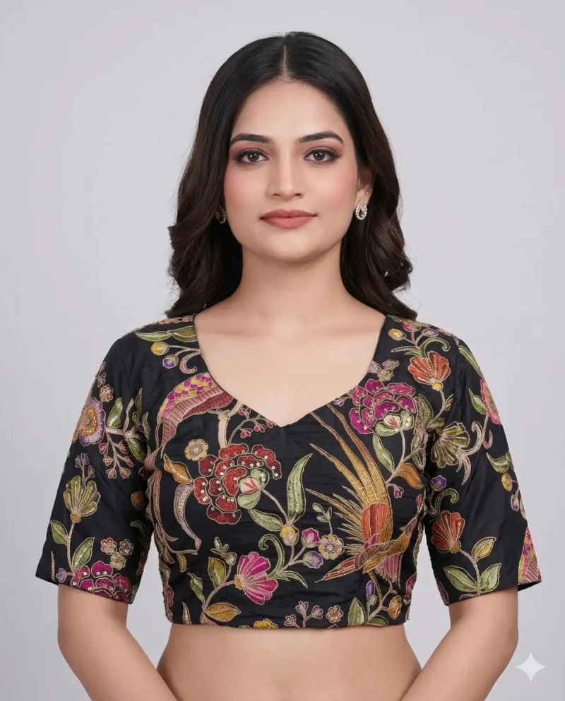 Black Designer Embroidered Pure Viscose Half Sleeve Blouse