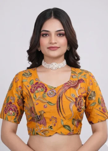 Mustard Designer Embroidered Pure Viscose Half Sleeve Blouse