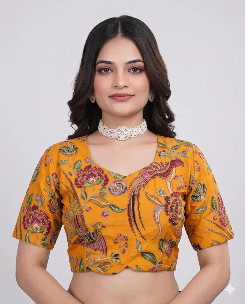 Mustard Designer Embroidered Pure Viscose Half Sleeve Blouse