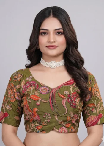 Olive Designer Embroidered Pure Viscose Half Sleeve Blouse