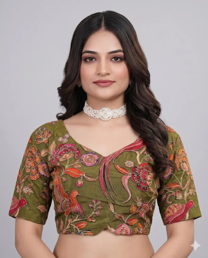 Olive Designer Embroidered Pure Viscose Half Sleeve Blouse