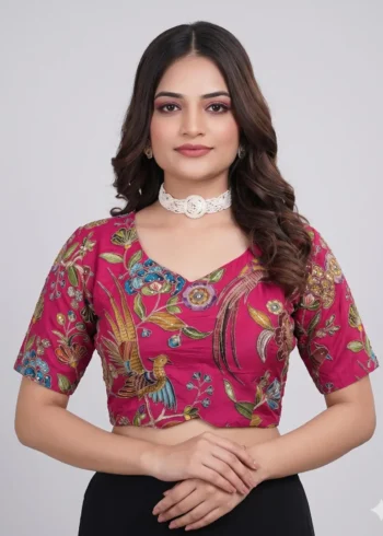 Pink Designer Embroidered Pure Viscose Half Sleeve Blouse