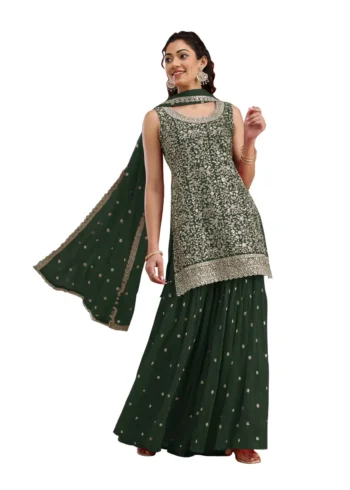 Green Designer Embroidered Semi-Stitched Blooming Georgette Partywear Suit
