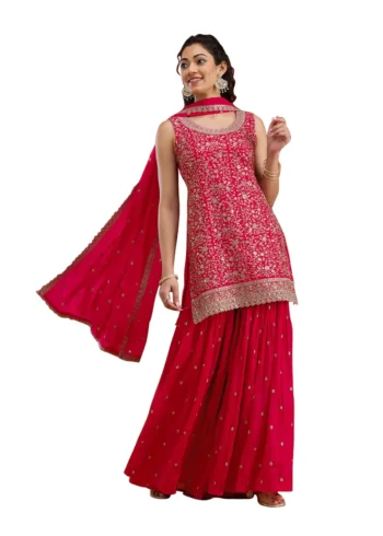 Red Designer Embroidered Semi-Stitched Blooming Georgette Partywear Suit
