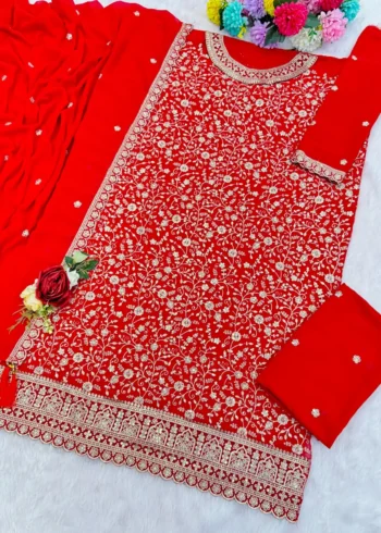 Red Designer Embroidered Semi-Stitched Blooming Georgette Partywear Suit Live