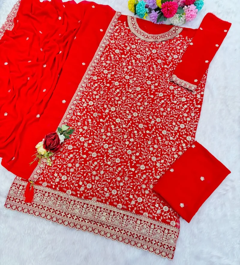 Red Designer Embroidered Semi-Stitched Blooming Georgette Partywear Suit Live