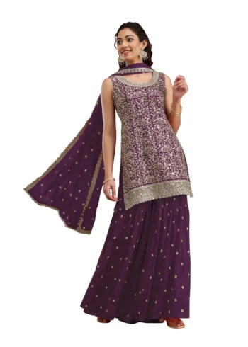 Wine Designer Embroidered Semi-Stitched Blooming Georgette Partywear Suit