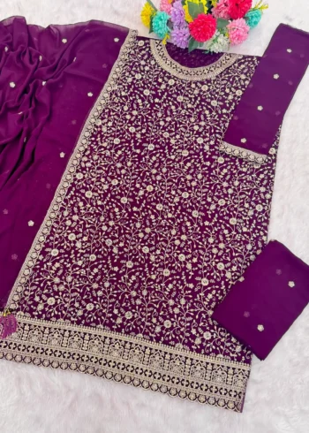 Wine Designer Embroidered Semi-Stitched Blooming Georgette Partywear Suit