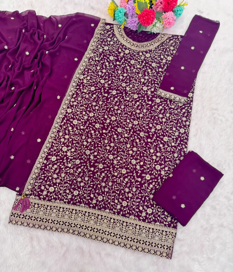 Wine Designer Embroidered Semi-Stitched Blooming Georgette Partywear Suit
