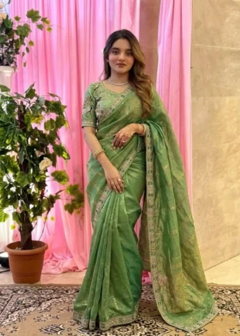 Pista Designer Fendy Satin Silk Saree with 3D Beads and Cutdana Embroidery front look