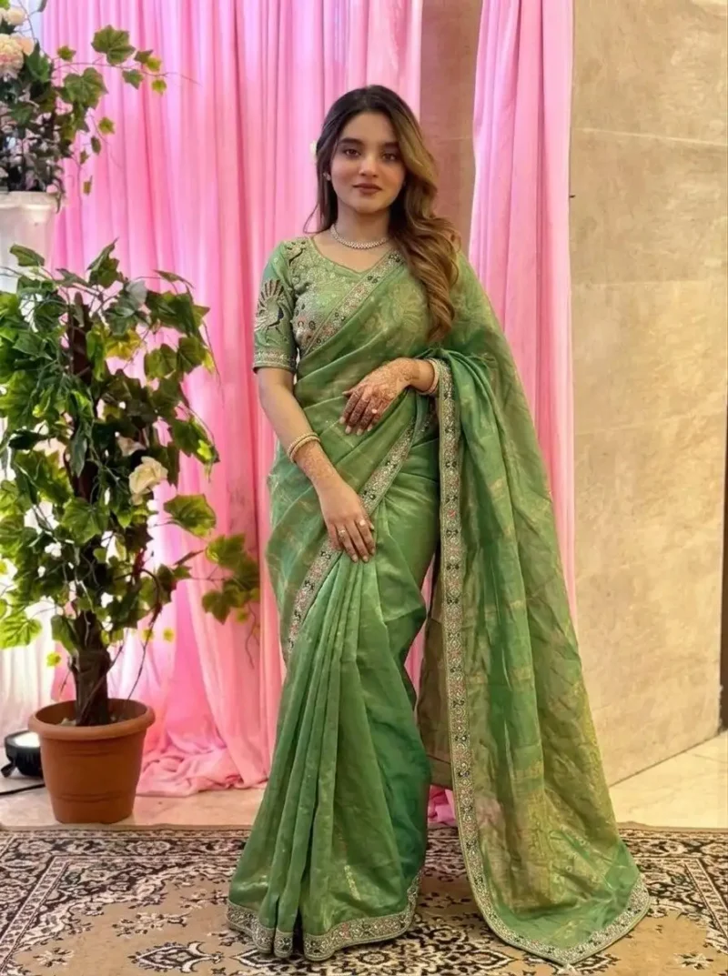 Pista Designer Fendy Satin Silk Saree with 3D Beads and Cutdana Embroidery front look