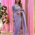Lavender Designer Fendy Satin Silk Saree with 3D Beads and Cutdana Embroidery front look