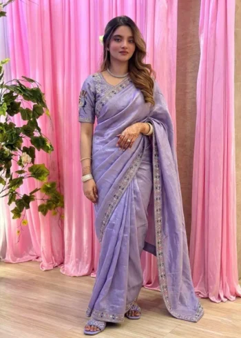 Lavender Designer Fendy Satin Silk Saree with 3D Beads and Cutdana Embroidery front look