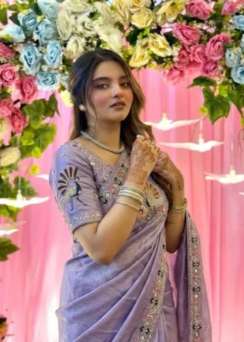 Lavender Designer Fendy Satin Silk Saree with 3D Beads and Cutdana Embroidery side close