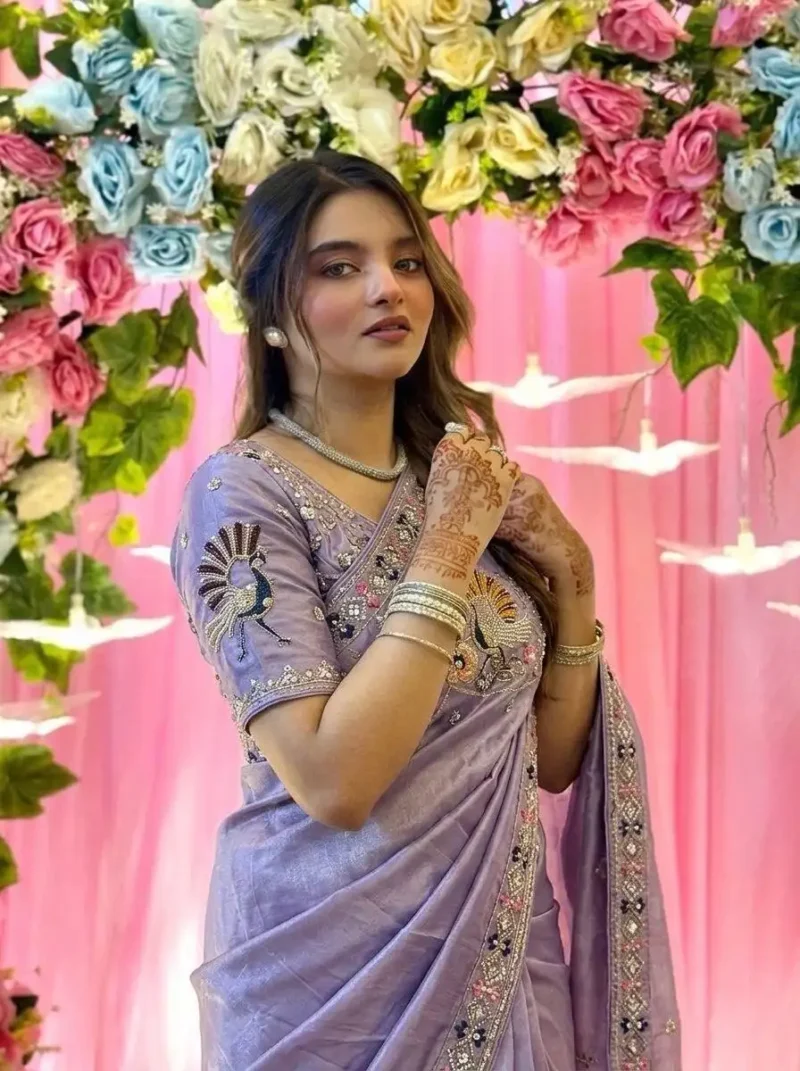 Lavender Designer Fendy Satin Silk Saree with 3D Beads and Cutdana Embroidery side close