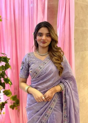 Lavender Designer Fendy Satin Silk Saree with 3D Beads and Cutdana Embroidery close look