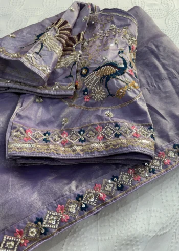 Lavender Designer Fendy Satin Silk Saree with 3D Beads and Cutdana Embroidery close work