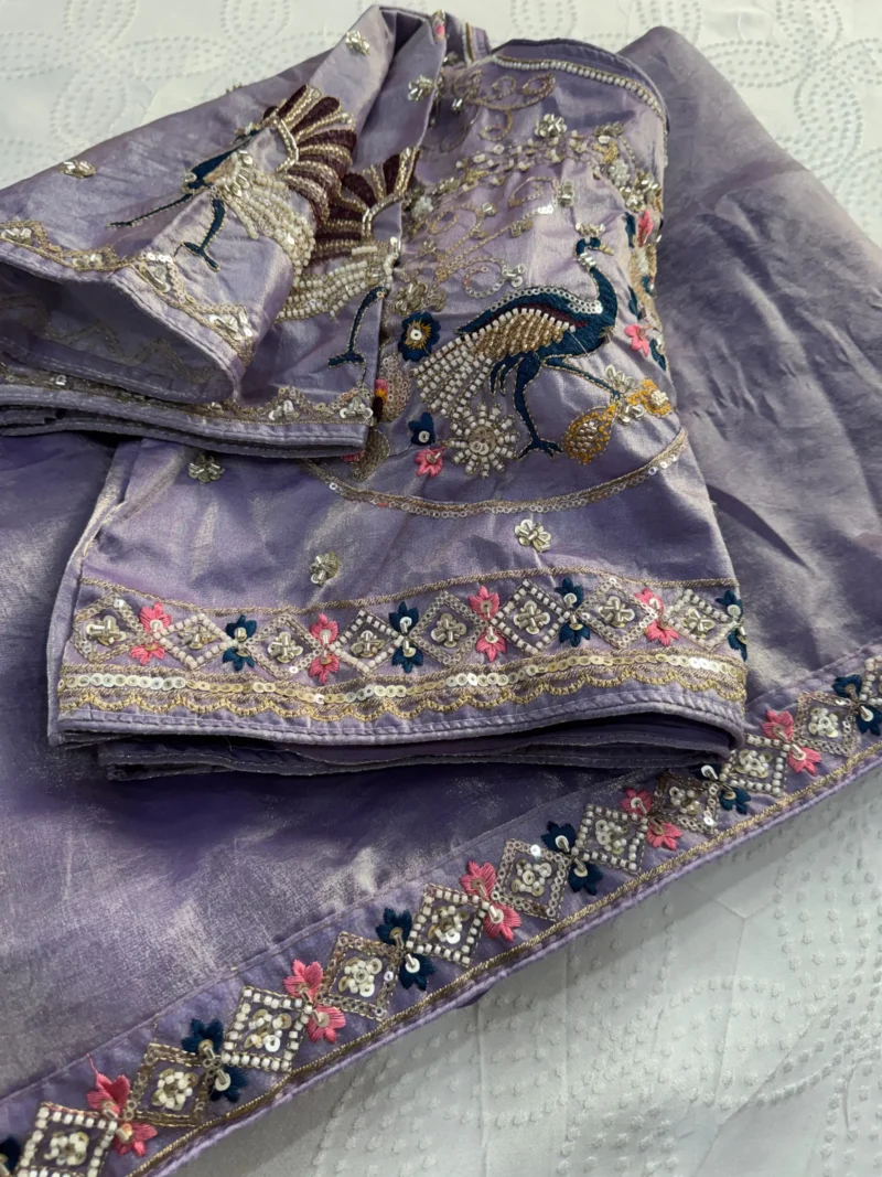 Lavender Designer Fendy Satin Silk Saree with 3D Beads and Cutdana Embroidery close work