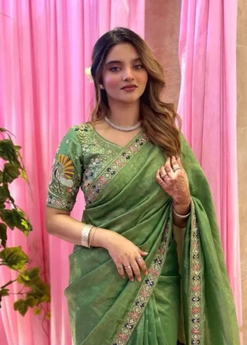Pista Designer Fendy Satin Silk Saree with 3D Beads and Cutdana Embroidery front look close front