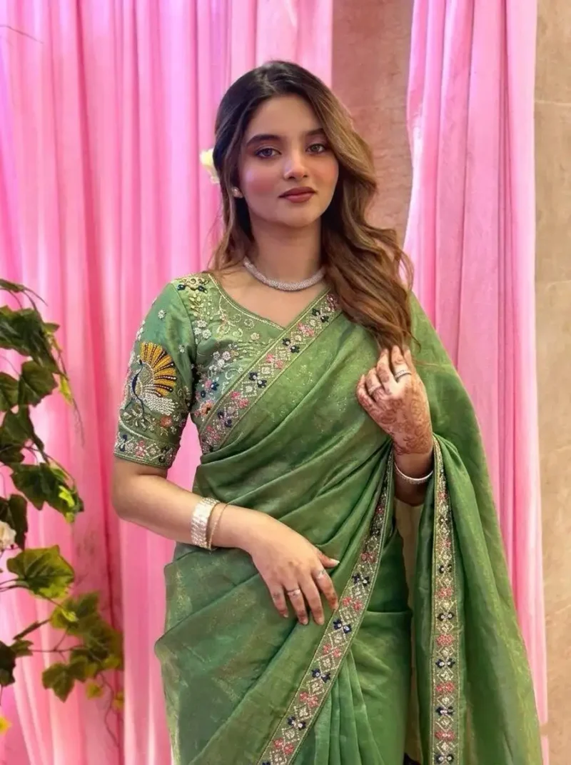 Pista Designer Fendy Satin Silk Saree with 3D Beads and Cutdana Embroidery front look close front