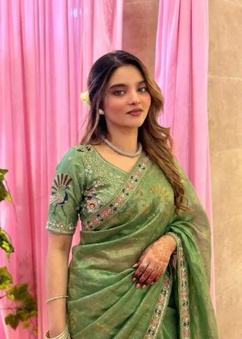 Pista Designer Fendy Satin Silk Saree with 3D Beads and Cutdana Embroidery front look close look
